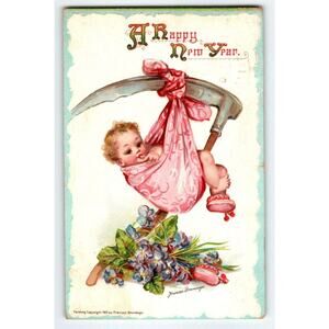 New Year Postcard Frances Brundage Baby Wrapped Father Times Scythe Gabriel 1912